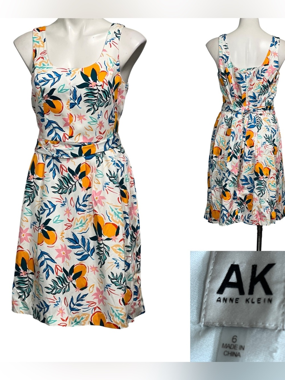 Anne Klein dress 6 White multicolor Floral Citrus Print Sleeveless cotton blend